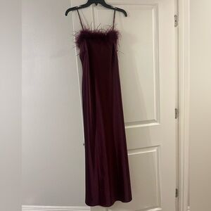 Elegant Burgundy Feather-Trim Dress